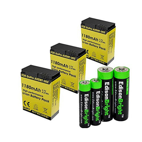 3 Pack Nitecore NLGP3 1180mAh Li-ion batteries for GoPro hero3 & hero3+ battery with EdisonBright AA/AAA alkaline battery sampler pack