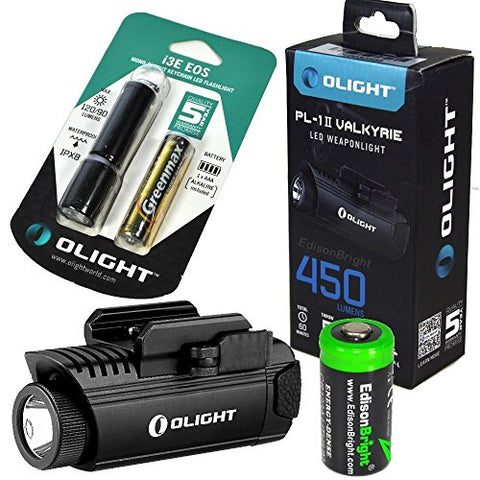 EdisonBright Bundle: Olight PL1 II 450 Lumen LED firearm light, olight i3E 90 lumen flashlight with CR123A lithium battery bundle