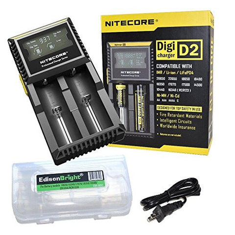 Nitecore D2 smart Charger with LCD display For Li-ion, IMR, LiFePO4 26650 22650 18650 17670 18490 17500 18350 16340 RCR123 14500 10440 Ni-MH And Ni-Cd AA AAA AAAA C Rechargeable Batteries with EdisonBright battery carry case