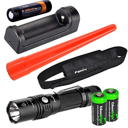 Fenix PD35 2015 TAC Edition 1000 Lumen CREE LED tactical flashlight w/ ARB-L2S rechargeable battery, ARE-X1 charger, holster, AOT-S Traffic wand & 2X EdisonBright CR123A lithium batteries bundle