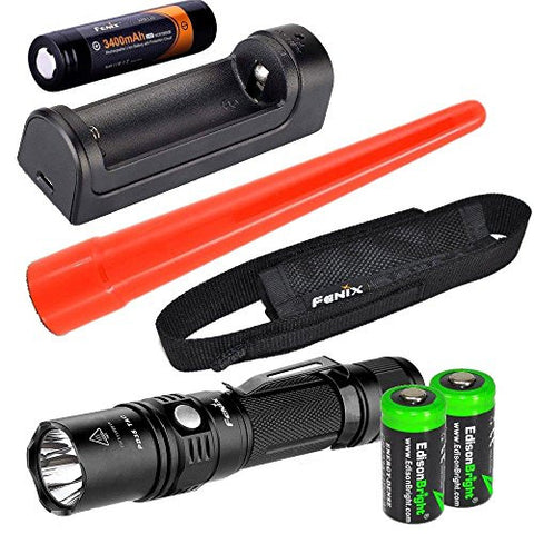 Fenix PD35 2015 TAC Edition 1000 Lumen CREE LED tactical flashlight w/ ARB-L2S rechargeable battery, ARE-X1 charger, holster, AOT-S Traffic wand & 2X EdisonBright CR123A lithium batteries bundle