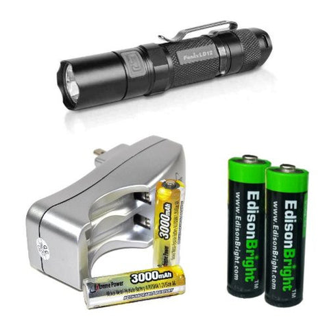 Fenix LD12 G2 125 Lumen XP-G2 R5 LED tactical Flashlight with two NiMH rechargeable AA Batteries, Charger & EdisonBright AA Alkaline battery