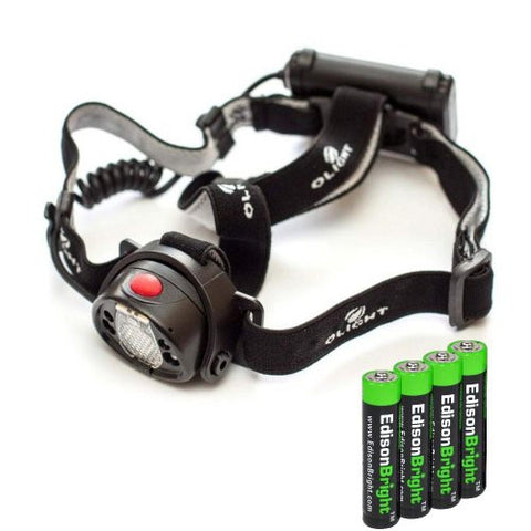 Olight H15S Wave 250 Lumen LED Sensor Gesture Control Headlamp Torch Flashlight with 1200mAh Rechargeable Battery Pack and USB Charger cable with four EdisonBright AAA Alkaline batteries.