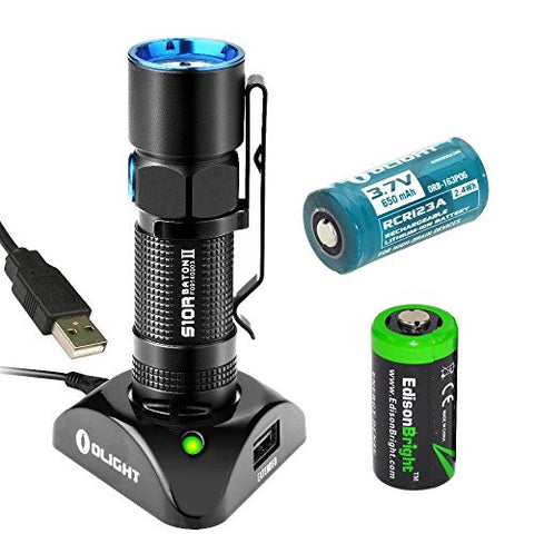 Olight S10R II Baton rechargeable 500 Lumens CREE XP-L LED Flashlight EDC with RCR123 Li-ion battery , Charging Base and EdisonBright CR123A Lithium back-up Battery bundle