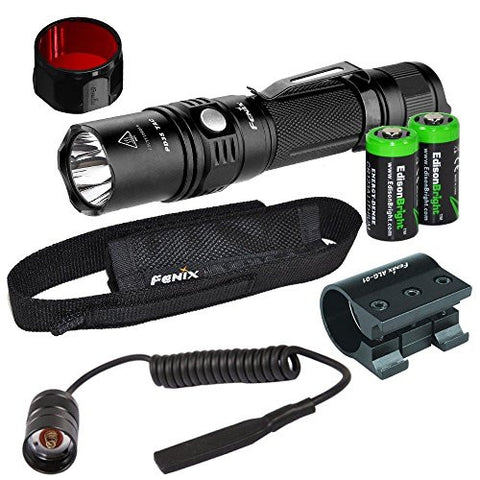 Fenix PD35 2015 TAC Edition 1000 Lumen CREE LED Tactical Flashlight, ALG-01 weapon rail mount, AR102 pressure switch, AOF-S Red color filter and Two EdisonBright CR123A Lithium Batteries bundle