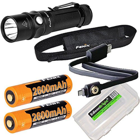 Fenix RC11 1000 Lumen USB rechargeable CREE LED Flashlight EDC with 2 X Fenix 18650 Li-ion batteries, and EdisonBright BBX3 battery carry case bundle