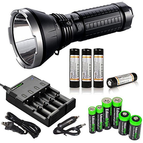 FENIX TK61-L2 U2 1000 Lumen LED Flashlight / Searchlight with 4X Fenix ARB-L2 18650 Li-ion rechargeable batteries, 4 bay home/car smart Charger and EdisonBright Battery Sampler Pack bundle