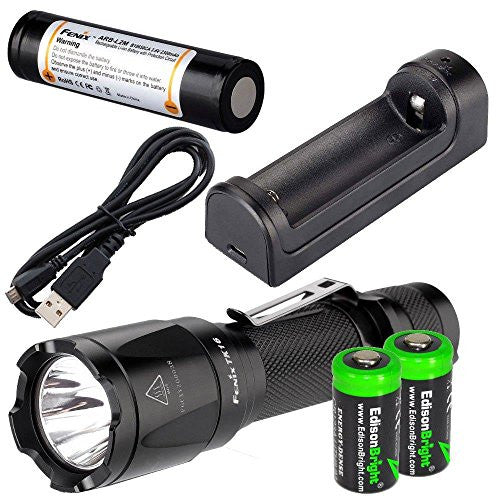 Fenix TK16 1000 Lumens Cree XM-L2 (U2) LED tactical Flashlight with Fenix ARB-L2M 18650 2300mAh Li-ion rechargeable battery, Fenix ARE-X1 Charger and 2 X EdisonBright CR123A Lithium batteries package