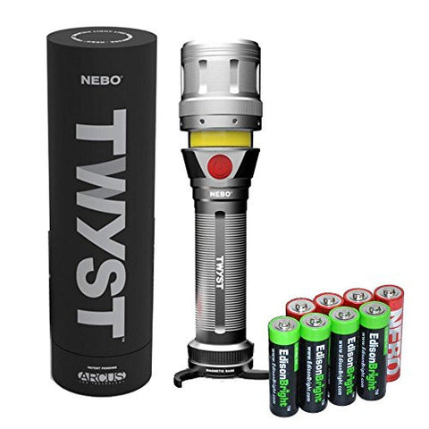 Nebo 6296 TWYST 3400 LUX LED flashlight/worklight/lantern with 4 X EdisonBright AA alkaline batteries and 4 X Nebo AA batteries bundle