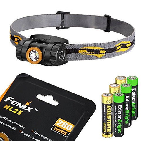 Fenix HL25 280 Lumen light weight CREE XP-G2 R5 LED Headlamp (Champagne Gold color) with 3 X EdisonBright AAA alkaline batteries bundle