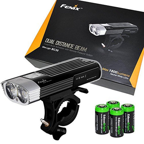 Fenix BC30 1800 lumen Dual Distance Beam Cree XM-L2 T6 LED 5 Mode Bike Bicycle Light with Mount, Pressure switch and 4 X EdisonBright CR123 Batteries bundle