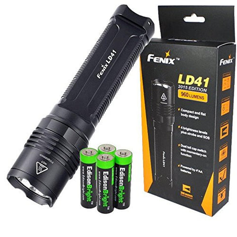 Fenix LD41 2015 version 960 Lumen LED Tactical Flashlight with Four EdisonBright AA batteries bundle