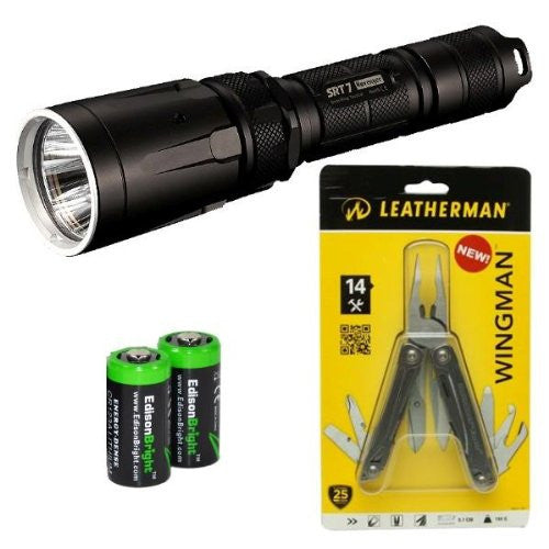 Nitecore SRT7 Revenger 960 Lumens XM-L2 LED Built in Red, Green, Blue Lights, Red-Blue Strobe, Variable brightness Flashlight/searchlight with genuine Leatherman Wingman Multitool and 2 X EdisonBright CR123A Batteries