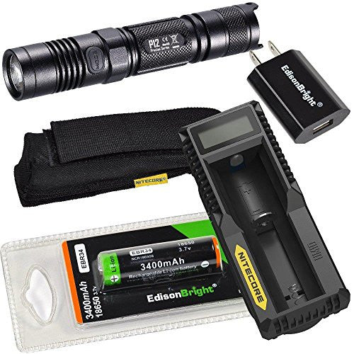 NITECORE P12 1000 Lumen high intensity CREE XM-L2 U2 LED long throw tactical flashlight with Nitecore UM10 USB powered battery charger, Edisonbright EBR34 3400mAh Protected 18650 rechargeable NCR18650B battery and EdisonBright USB power adapter bundle