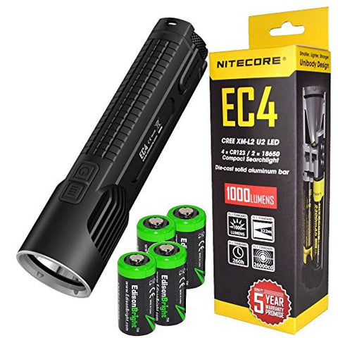 NITECORE EC4 1000 Lumen high intensity CREE XM-L2 LED tactical die-cast flashlight with 4X EdisonBright CR123A Lithium Batteries