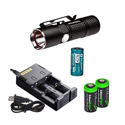Olight S10 L2 Baton 400 Lumens CREE XM-L2 LED Flashlight EDC, Nitecore i2 home/car intelligent Charger, Olight RCR123A rechargeable Li-ion battery and EdisonBright CR123A Lithium Battery bundle