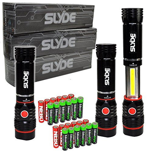 3 pack Nebo Slyde 250 Lumen LED flashlight/Worklight 6156 and 12 X EdisonBright AAA alkaline batteries bundle