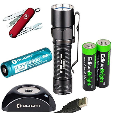 Olight S15R Baton rechargeable XM-L 280 Lumens LED Flashlight EDC with Victorinox Swiss Army Classic Knife, type 14500 Li-ion battery, charging base and two EdisonBright AA alkaline back-up Batteries