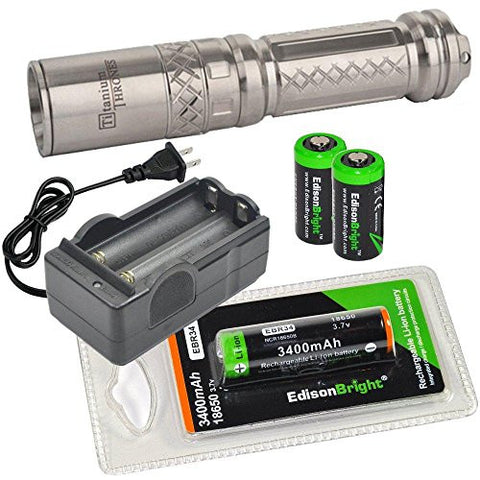 Sunwayman C25C 856 Lumen CREE XM-L2 U2 LED Tactical Flashlight with EdisonBright EBR34 rechargeable 3400mAh 18650 li-ion Battery, charger and 2 X EdisonBright CR123A Lithium Batteries Bundle