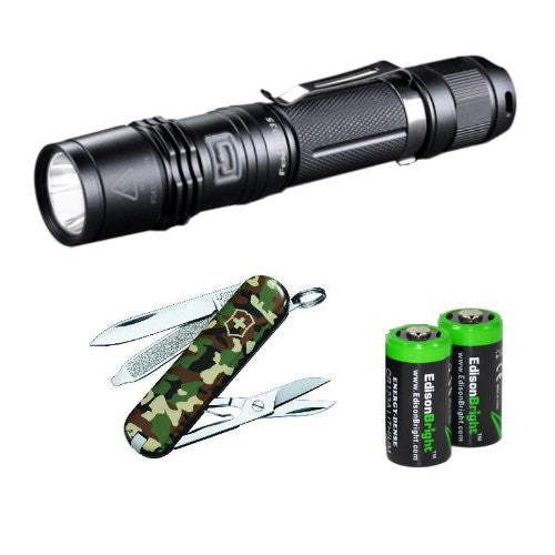 Fenix PD35 850 Lumen CREE XM-L2 U2 LED Tactical Flashlight, Victorinox Swiss Army Classic Knife, 58mm, Camo with Two EdisonBright CR123A Lithium Batteries.