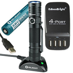 Olight S30R II 1020 Lumen Baton rechargeable XM-L2 U3 LED Flashlight with type 18650 3200mAh Li-ion battery, charging base with EdisonBright EB-4U 4-port USB charging station bundle