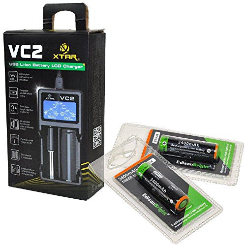 XTAR VC2 universal USB powered smart battery Charger For Li-ion / IMR 10440/14500/14650/16340/17500/17670/18350/18500/18650/ 18700/ 22650/25500/26650 3.6/3.7V types with 2 X EdisonBright 18650 3400mAh EBR34 Li-ion rechargeable batteries bundle