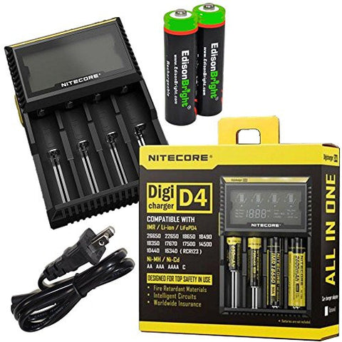 Nitecore D4 2015 smart Charger with LCD display For Li-ion, IMR, LiFePO4 26650 22650 18650 17670 18490 17500 18350 16340 RCR123 14500 10440 Ni-MH And Ni-Cd AA AAA AAAA C Rechargeable Batteries with 2 x EdisonBright Ni-MH rechargeable AA batteries bundle