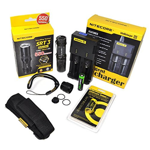 Nitecore SRT3 Defender Cree XM-L2 LED Flashlight (Grey) - Max 550 Lumens / Red / Blue secondary strobe mode with AA battery Extension, Holster, Nitecore i2 Charger, Nitecore NL166 RCR123 rechargeable battery & EdisonBright AA battery