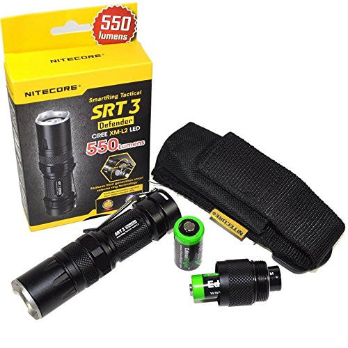 Nitecore SRT3 Defender Cree XM-L2 LED Flashlight Black - Max 550 Lumens / Red / Blue secondary mode with AA battery Extension, Holster, EdisonBright AA & CR123A bateries