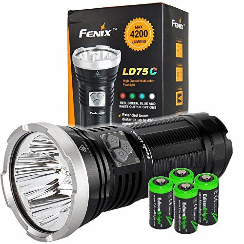 FENIX LD75C 4200 Lumen multi color beam (White/Red/Blue/Green) CREE XM-L U2 LED Flashlight / Searchlight with four EdisonBright CR123A batteries bundle