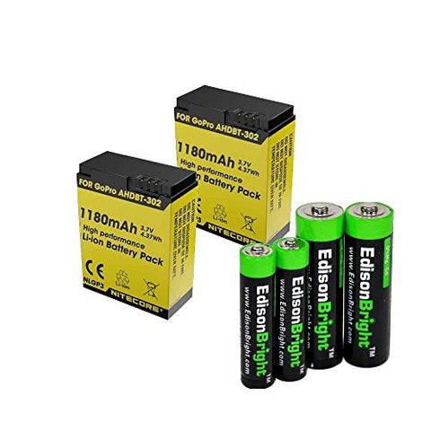 2 Pack Nitecore NLGP3 1180mAh Li-ion batteries for GoPro hero3 & hero3+ battery with EdisonBright AA/AAA alkaline battery sampler pack