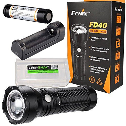 Fenix FD40 1000 Lumen CREE LED adjustable focus Flashlight with ARB-L2M 18650 battery, ARE-X1 Charger and EdisonBright brand battery carry case
