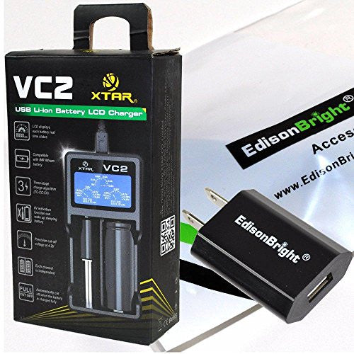 XTAR VC2 universal USB powered smart battery Charger For Li-ion / IMR 16340/18650/22650/25500/26650 3.6/3.7V with EdisonBright brand USB power adapter