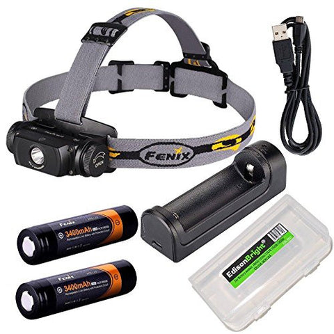 Fenix HL55 CREE LED 900 Lumen Headlamp with Fenix ARE-X1 battery charger, 2 X Fenix 18650 ARB-L2S 3400mAh rechargeable batteries and EdisonBright BBX3 battery case