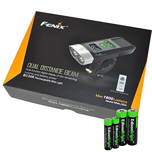 Fenix BC30R 1600 lumen USB rechargeable Dual Distance Beam Cree LED 5 Mode Bike Bicycle Light with battery, cable, mounting straps, remote switch and EdisonBright AA/AAA alkaline battery sampler pack