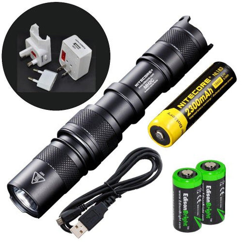 Nitecore MH2C CREE XM-L U2 LED USB Rechargeable 800 Lumen Flashlight and Nitecore 18650 Li-ion rechargeable battery, Universal/global plug USB charger with 2 X EdisonBright CR123A Lithium batteries