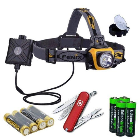 Fenix HP15 500 Lumen long throw LED Headlamp with diffuser, Victorinox Swiss Army Classic SD Knife/multi-Tool, four AA batteries and four EdisonBright AA Alkaline batteries bundle