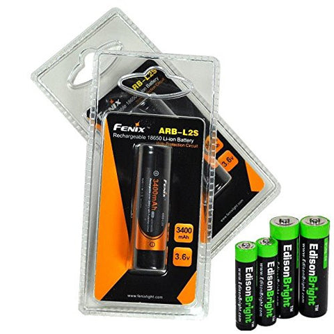 2 Pack Fenix ARB-L2S 3400mAh Protected 18650 Rechargeable Li-ion Batteries with EdisonBright AA/AAA alkaline battery sampler pack.- Designed for TK75 TK51 TK22 TK35 PD35 PD32 TK15 TK11 BT20 ARE-C1 ARE-C2 and other High Drain Devices.