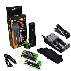 FENIX TK35 U2 860 Lumen Tactical LED Flashlight with 2 X EdisonBright EBR26 18650 Li-ion rechargeable batteries, 4 X EdisonBright CR123A Lithium batteries, EdisonBright 2 bay Smart Battery Charger, in-car Charger adapter, Holster & Lanyard bundle