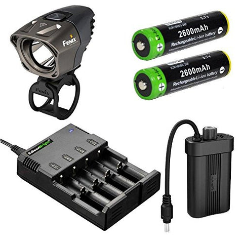 Fenix BT20 750 lumens Dual Distance Beam Cree LED 5 Mode Bike Bicycle Light with EdisonBright 4 bay Smart Battery Charger and 2 X EdisonBright EBR26 2600mAh 18650 rechargeable batteries bundle