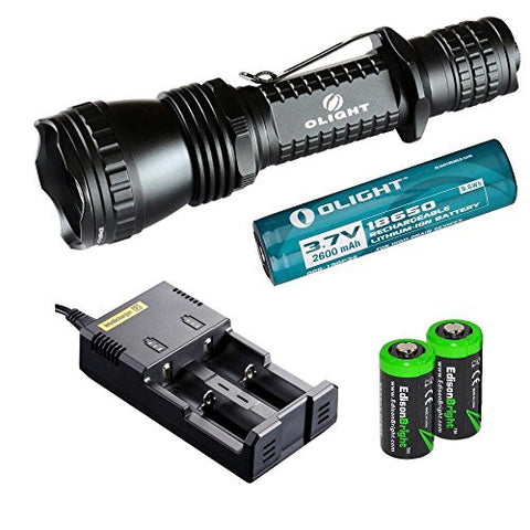 Olight M21X-L2 Warrior 750 Lumen CREE XM-L2 LED tactical flashlight, Nitecore i2 home/car intelligent Charger, Olight 18650 3400mAh Li-ion rechargeable battery and Two EdisonBright CR123A Lithium Batteries bundle