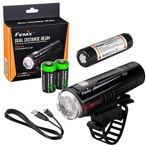 Fenix BC21R 880 lumen Dual Distance Beam Cree XM-L2 T6 LED USB rechargeable Bike Bicycle Light, rechargeable 18650 battery with 2 X EdisonBright CR123 Batteries bundle