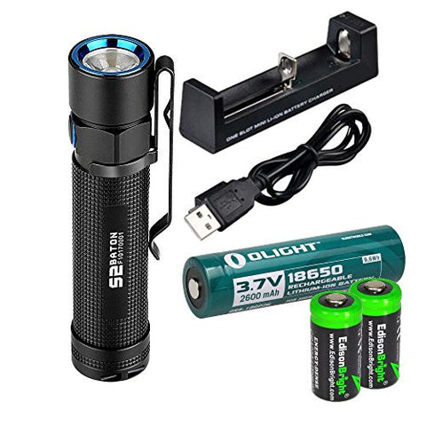 Olight S2 Baton 950 Lumen CREE LED Flashlight with olight 18650 rechargeable 18650 lithium-ion battery, charger and two EdisonBright CR123A Lithium Batteries bundle