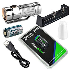 Olight S1 Polished Titanium 480 Lumen Compact EDC LED Flashlight with EdisonBright EBR65 RCR123A 16340 lithium- ion battery and charger bundle