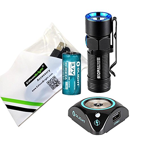 EdisonBright Olight S10R III rechargeable 600 Lumens LED Flashlight EDC/pocket/keychain with RCR123 Li-ion battery, Charging Base and USB cable