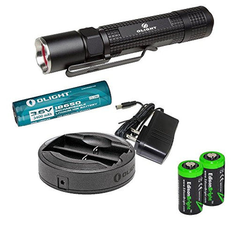 Olight M18 Maverick Cree XM-L2 500 Lumens tactical LED Flashlight, Olight Omni-DOK Universal Battery Charger, Olight 18650 3400mAh Li-ion rechargeable battery with two EdisonBright CR123A Lithium Batteries