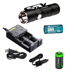 Olight M10 Maverick XM-L2 350 Lumens LED tactical Flashlight EDC, Nitecore i2 home/car intelligent Charger, Olight RCR123A rechargeable Li-ion battery and EdisonBright CR123A Lithium Battery bundle