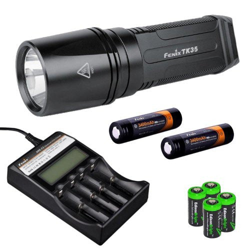 FENIX TK35 XM-L2 U2 900 Lumen Tactical LED Flashlight with 2 X Fenix ARB-L2S 3400mAh 18650 Li-ion rechargeable batteries, Fenix ARE-C2 advanced digital battery charger, 4 X EdisonBright CR123A Lithium batteries, Holster & Lanyard complete bundle