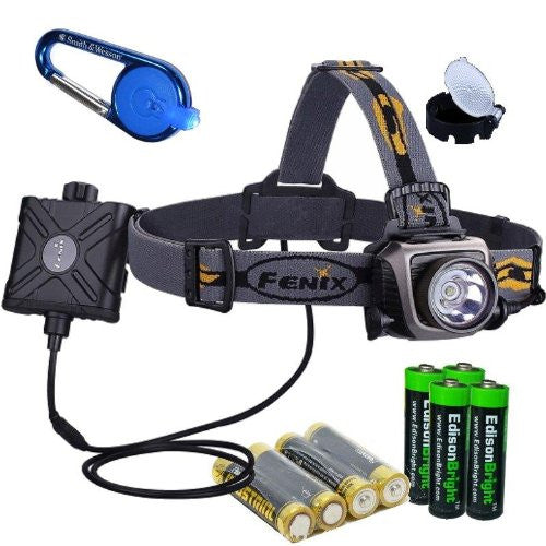 Fenix HP15 500 Lumen long throw LED Headlamp (Grey) with diffuser, Smith & Wesson LED CaraBeamer Clip Light and Four EdisonBright AA Alkaline batteries