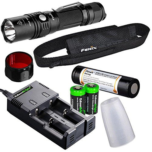 Fenix PD35 TAC 1000 Lumen CREE LED Tactical Flashlight with Fenix ARB-L2M 18650 Li-ion rechargeable battery, diffuser, Red filter, smart Charger and 2 X EdisonBright CR123A Lithium batteries bundle